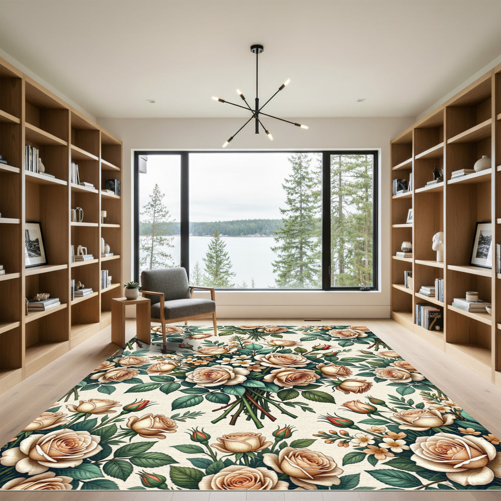 Elegant Cream Rose Bouquet Floral Rug