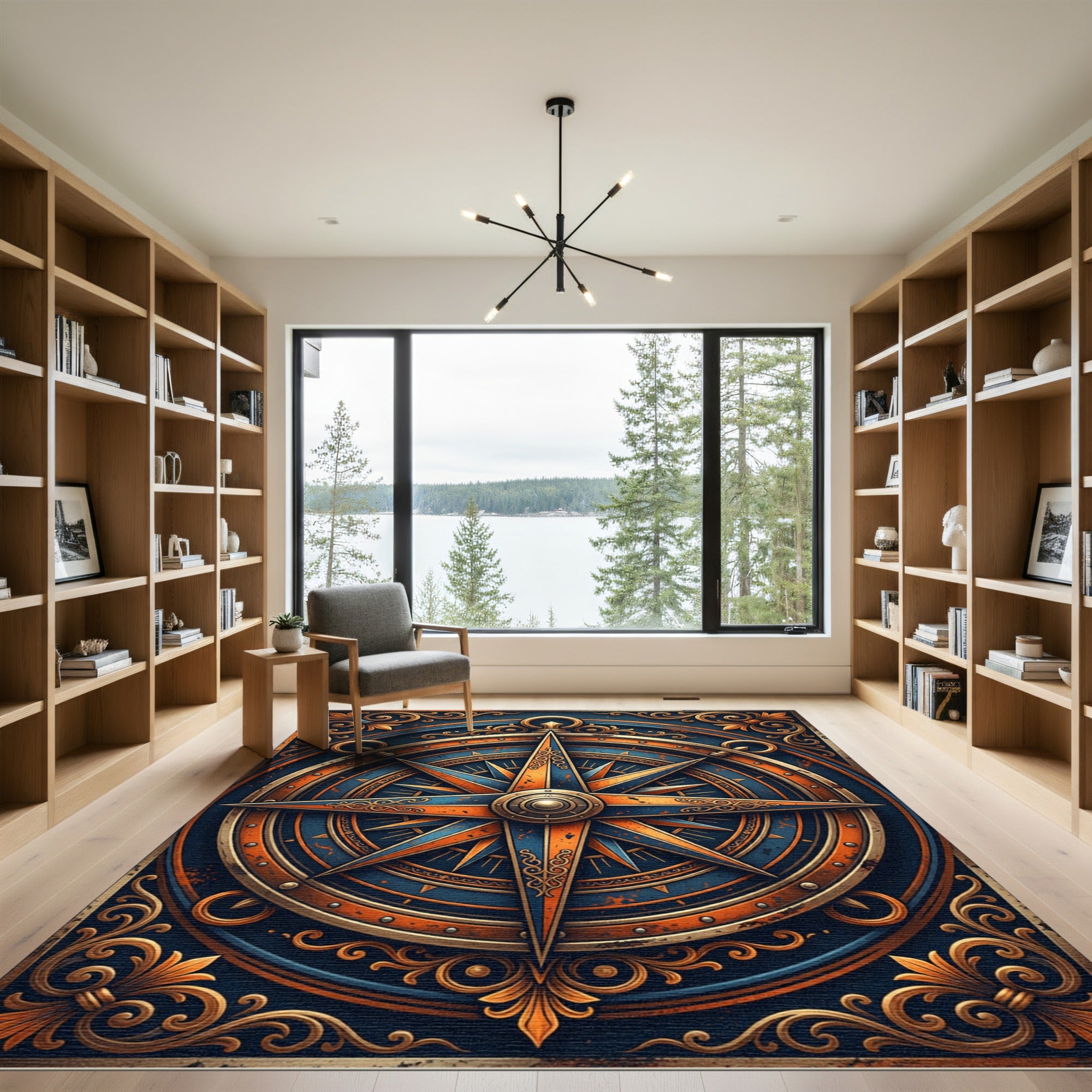 Vintage Copper Blue Compass Medallion Rug