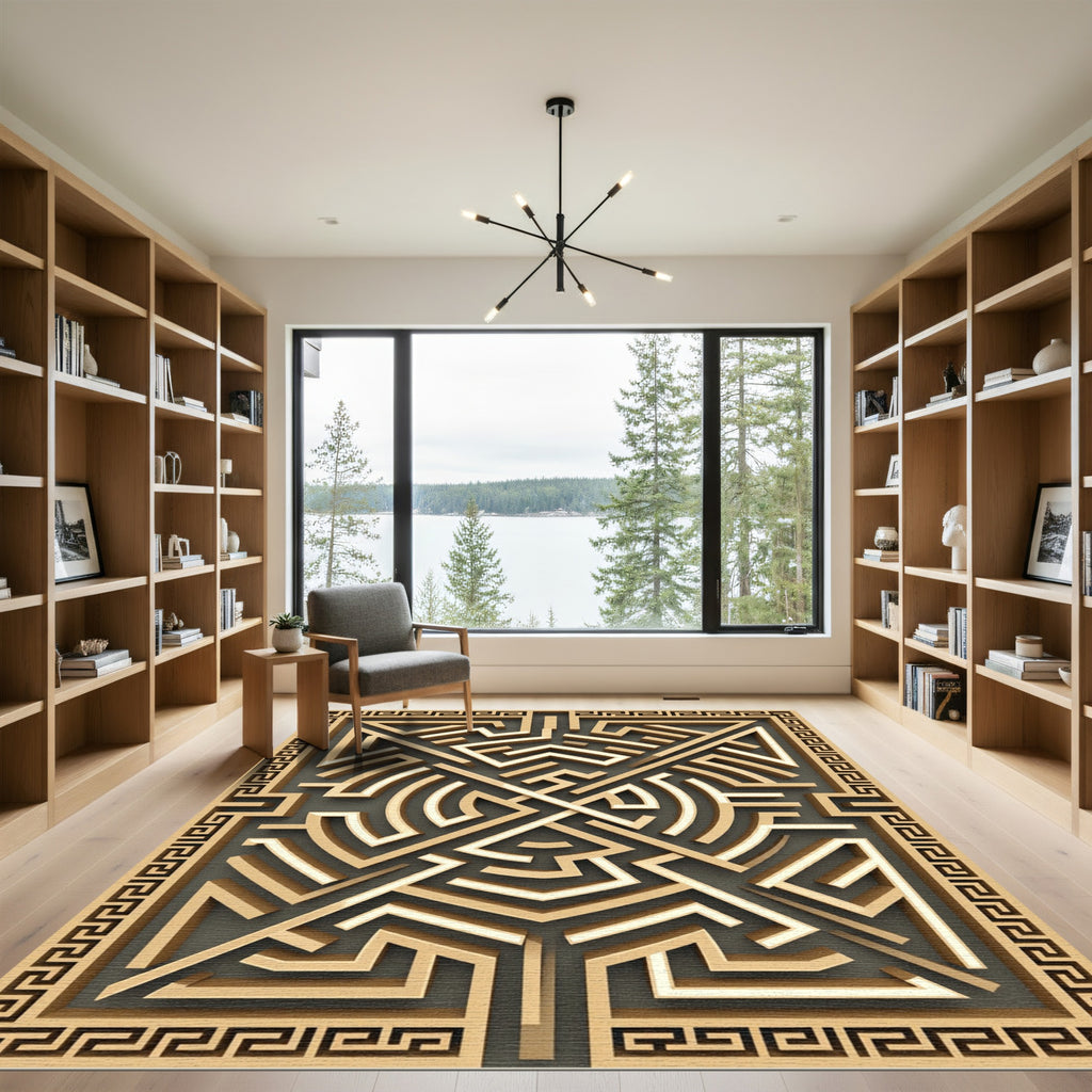 Golden Greek Key Maze Geometric Art Rug