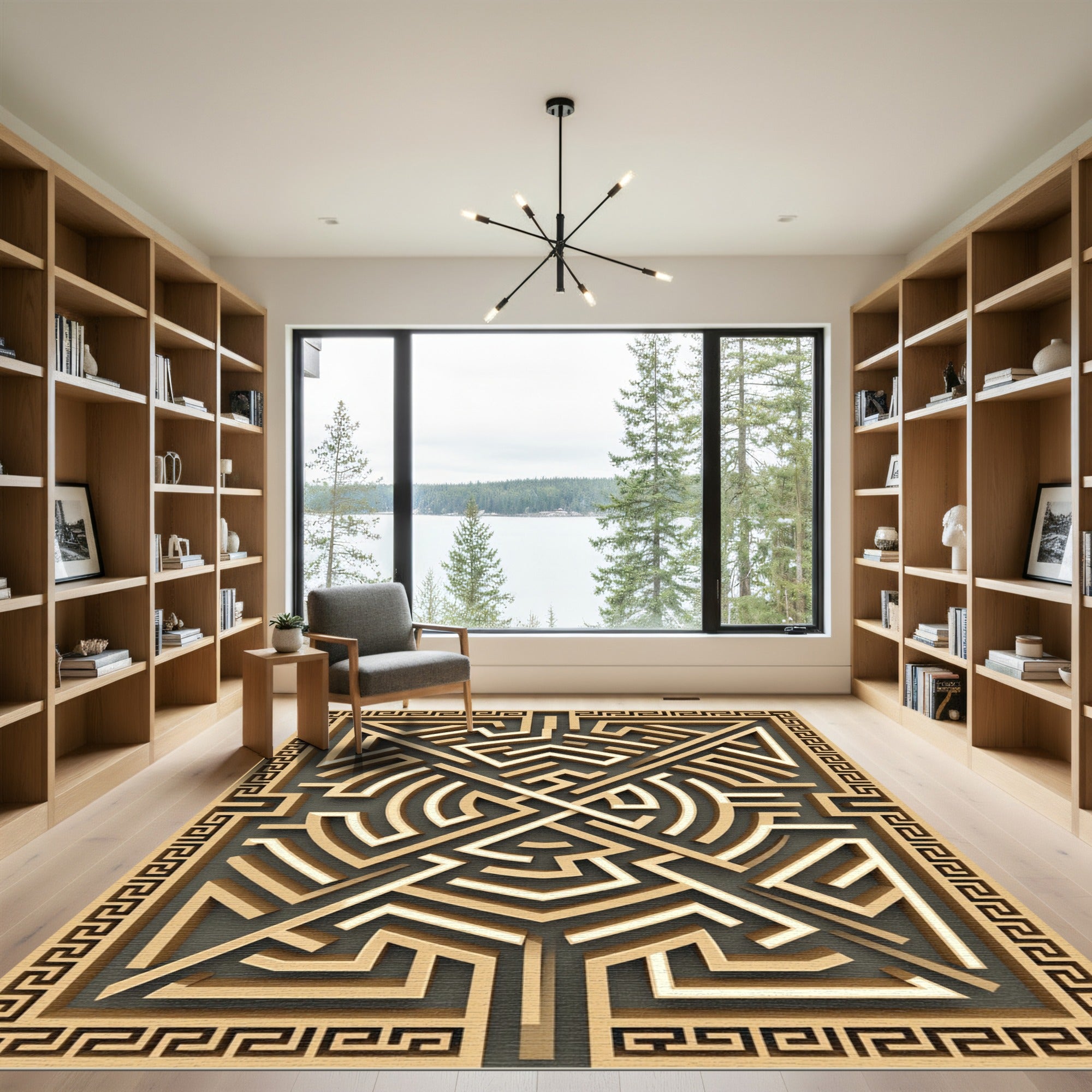 Golden Greek Key Maze Geometric Art Rug