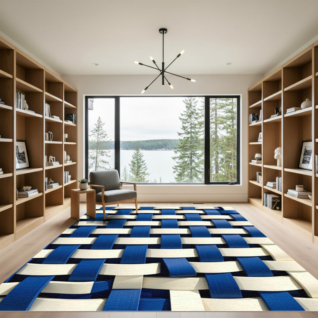 Modern Navy and Cream Woven Grid Rug