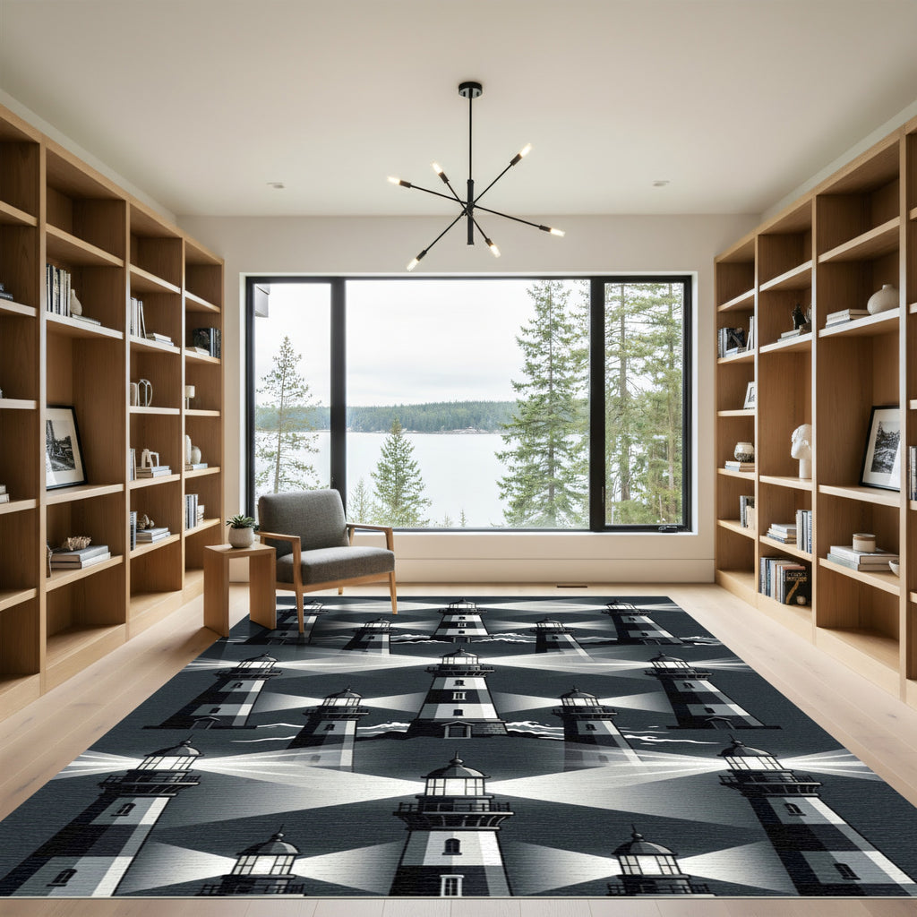 Monochromatic Lighthouse Coastal Pattern Rug