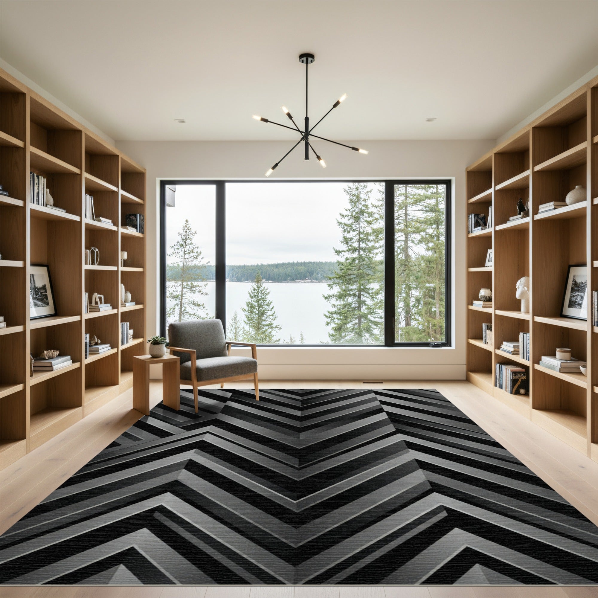 Sophisticated Monochrome Geometric Chevron Rug