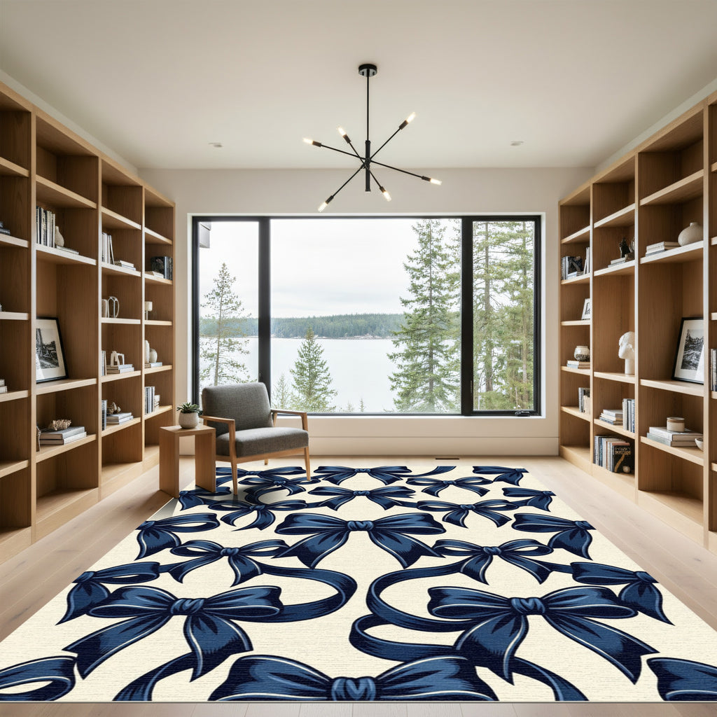 Elegant Navy Bow Ribbon Repeating Illustration Rug