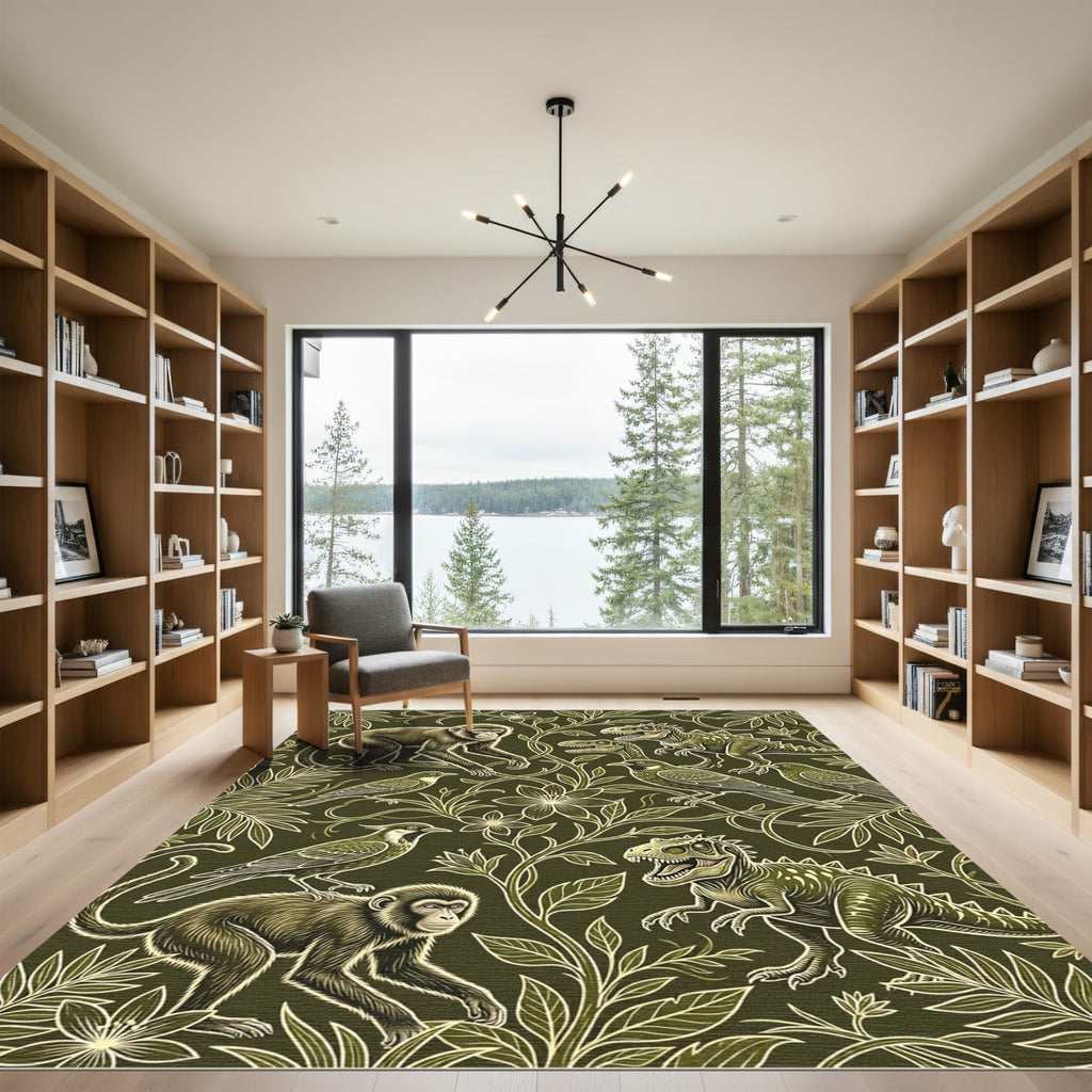 Olive Jungle Monkey and Dinosaur Botanical Rug