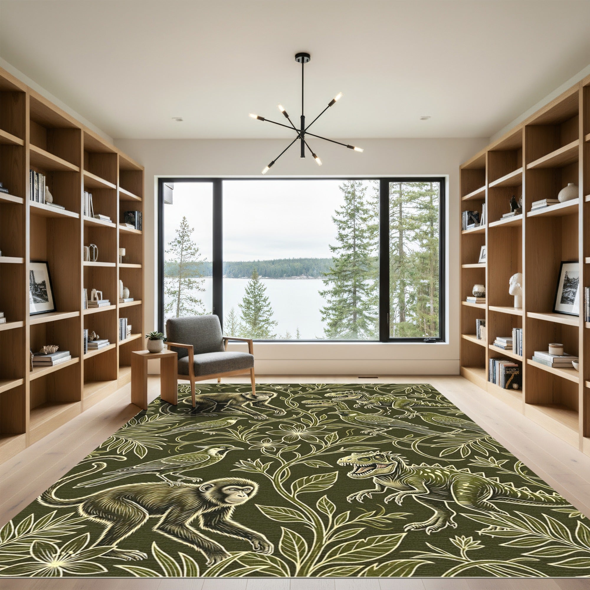 Olive Jungle Monkey and Dinosaur Botanical Rug