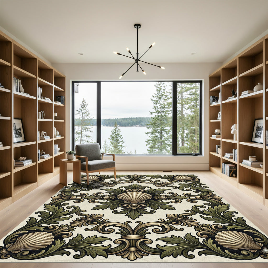 Ornate Golden Scallop Leaf Scroll Rug