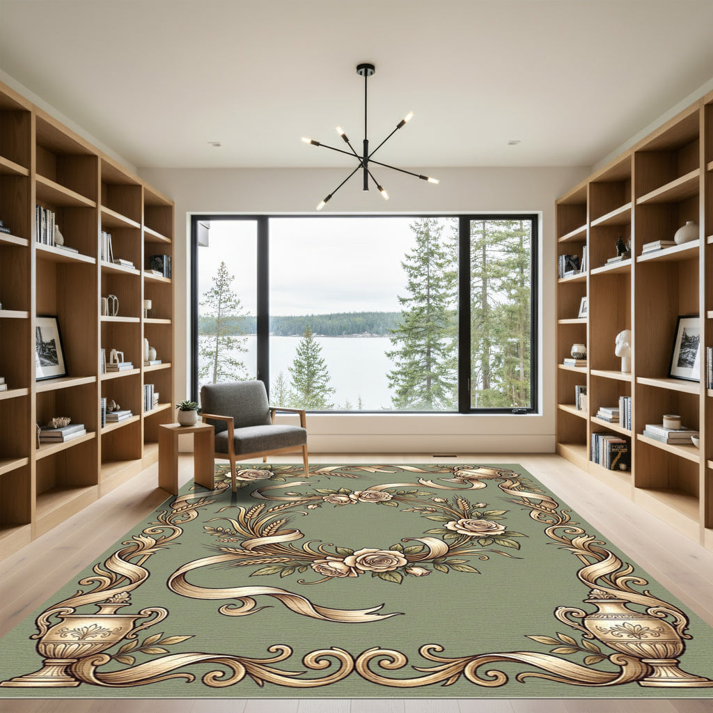 Vintage Ivory Rose Wheat Ribbon Frame Rug