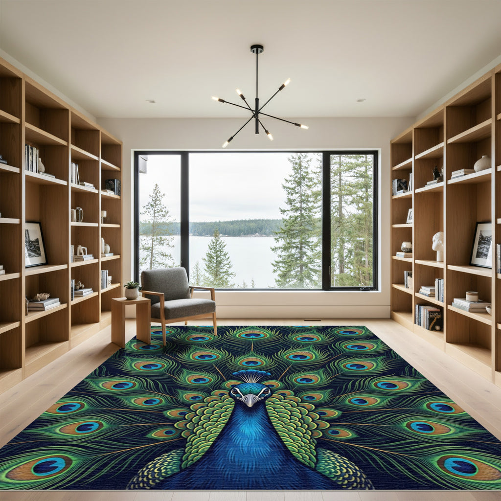 Elegant Teal Peacock Feather Symmetry Rug