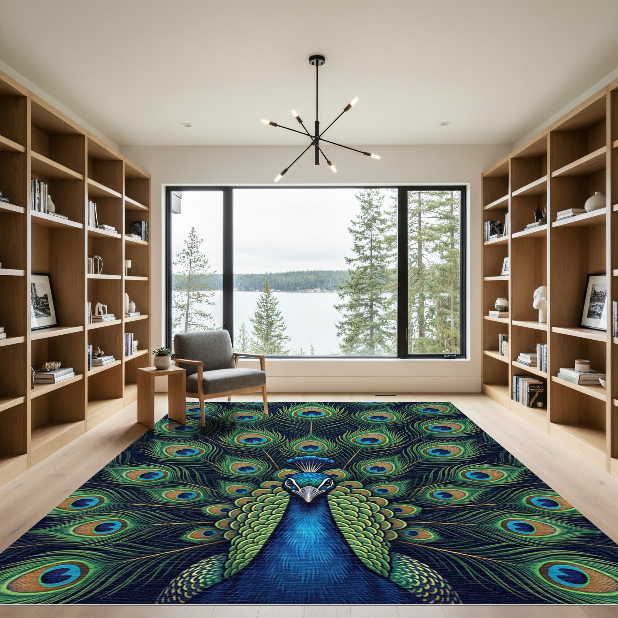 Elegant Teal Peacock Feather Symmetry Rug