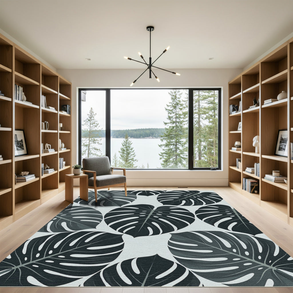 Monstera Leaves Tropical Dark Gray Rug