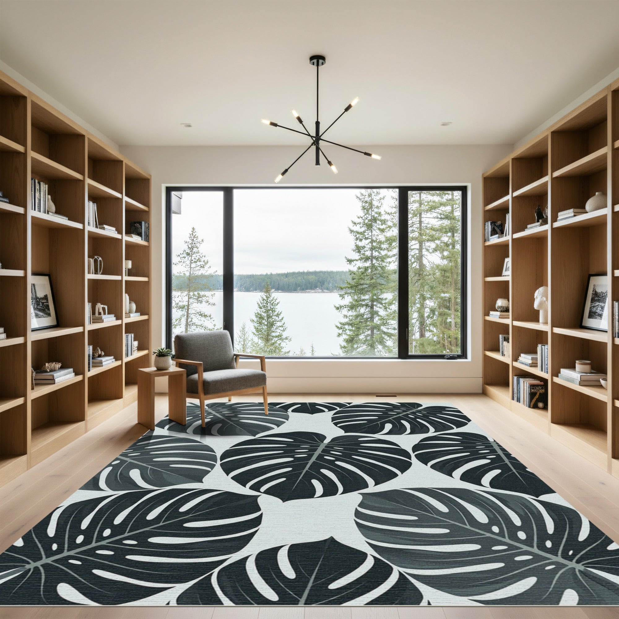 Monstera Leaves Tropical Dark Gray Rug