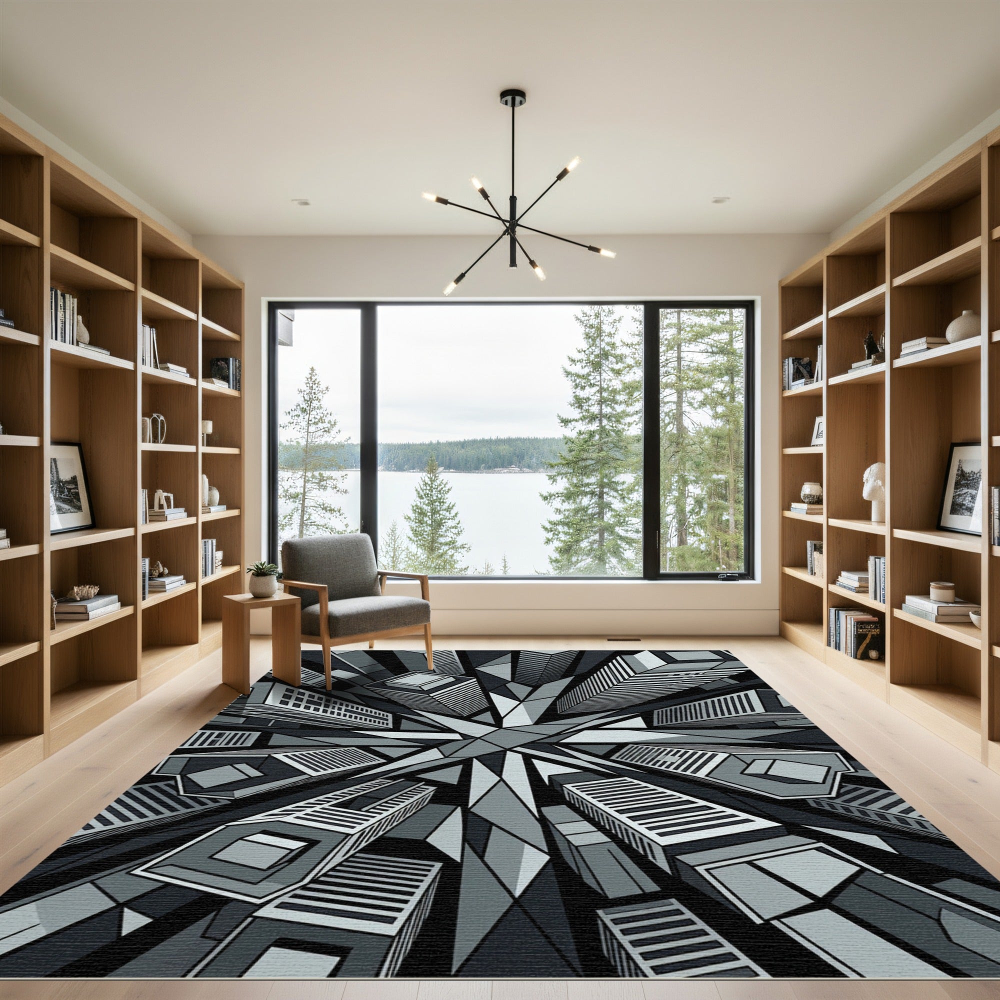 Monochrome Abstract Skyscraper Geometric Cityscape Rug