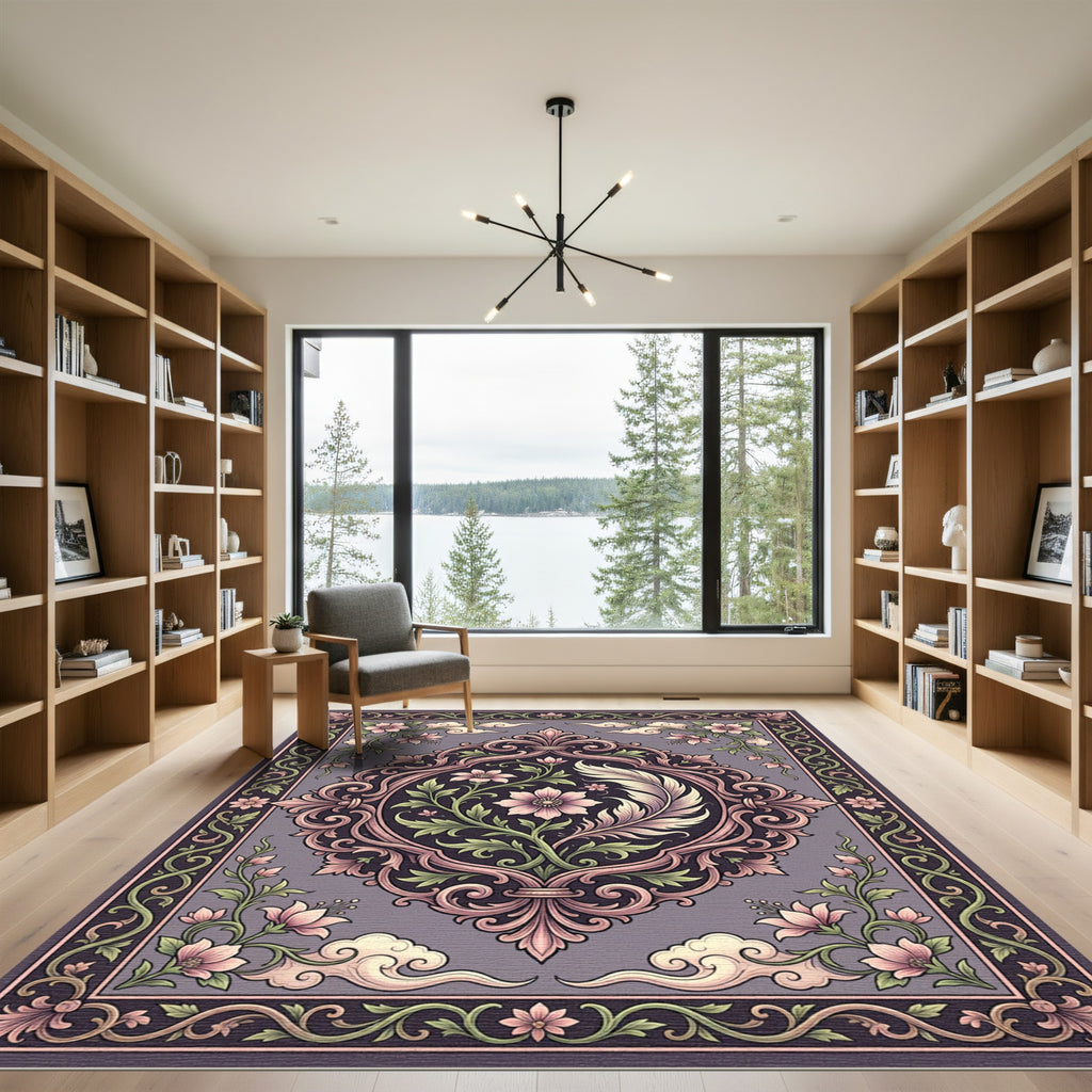 Ornate Pink Floral Scrollwork Gray Rug