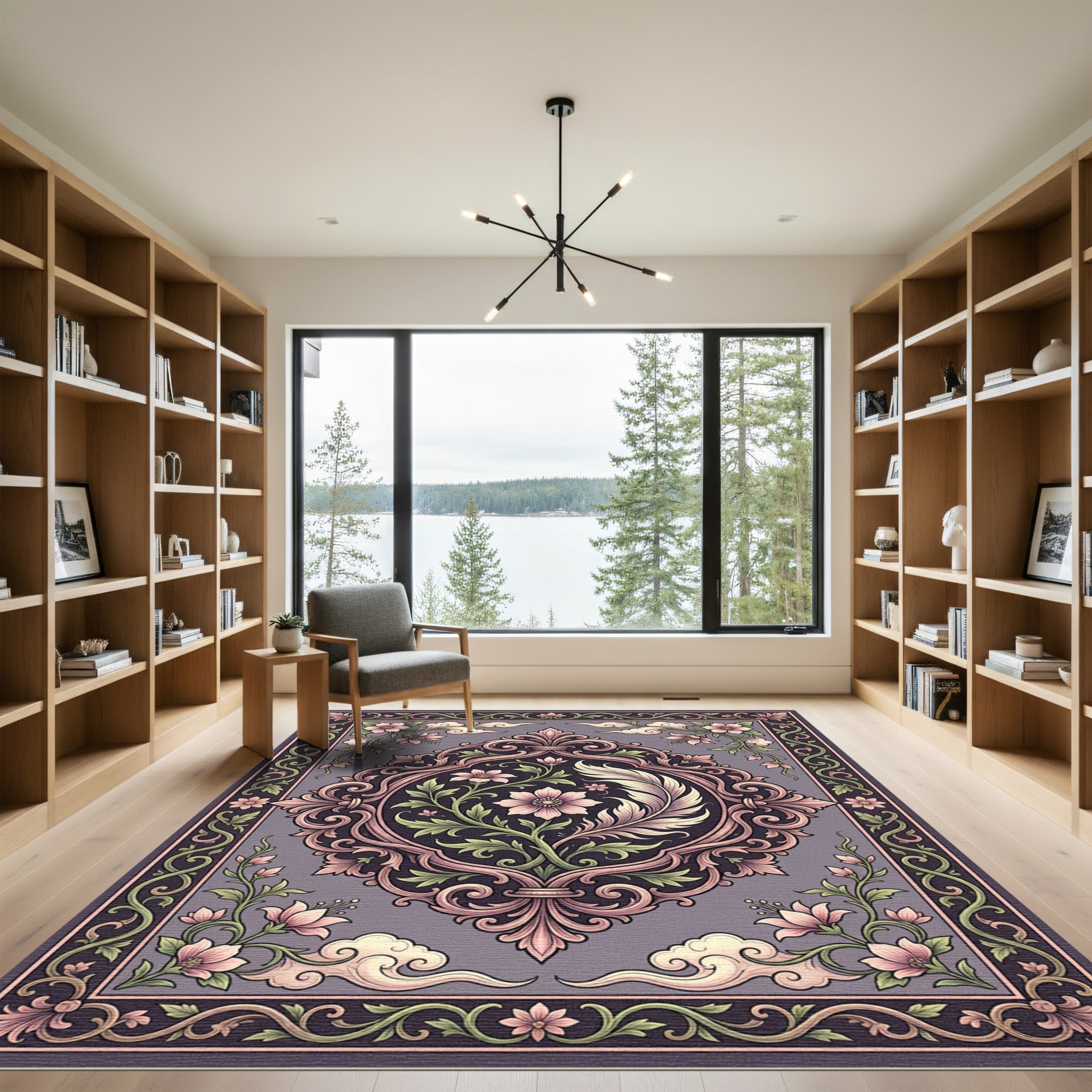 Ornate Pink Floral Scrollwork Gray Rug