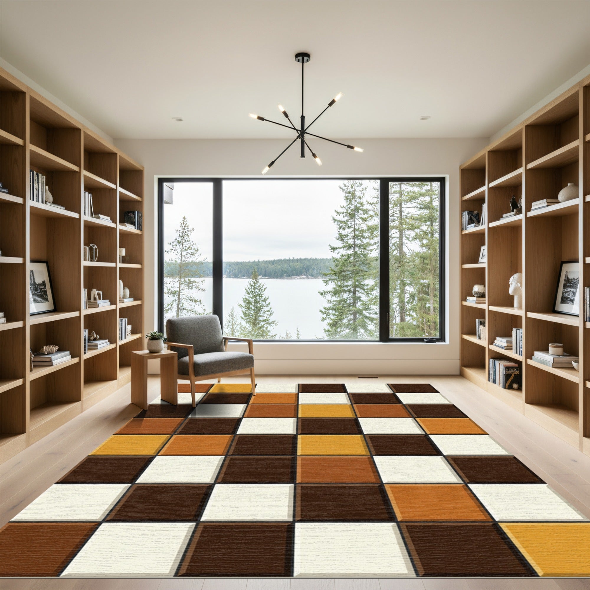 Modern Earth Toned Tiled Grid Rug