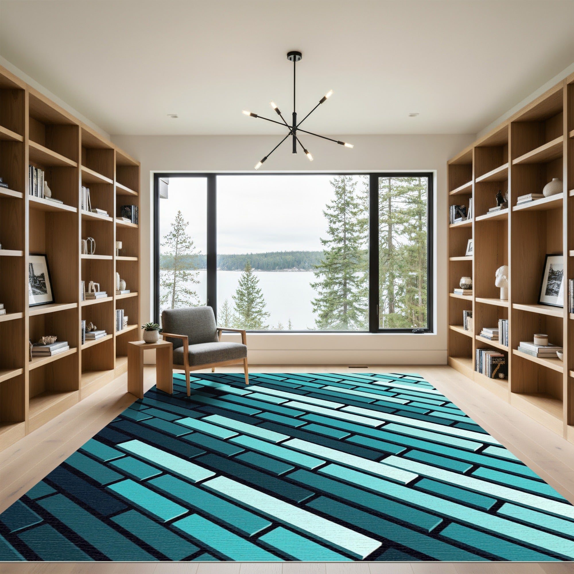 Teal Interlocking Rectangular Blocks Rug