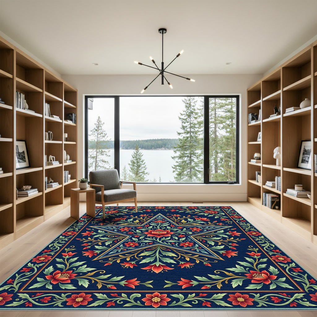 Navy Celestial Star Floral Medallion Rug
