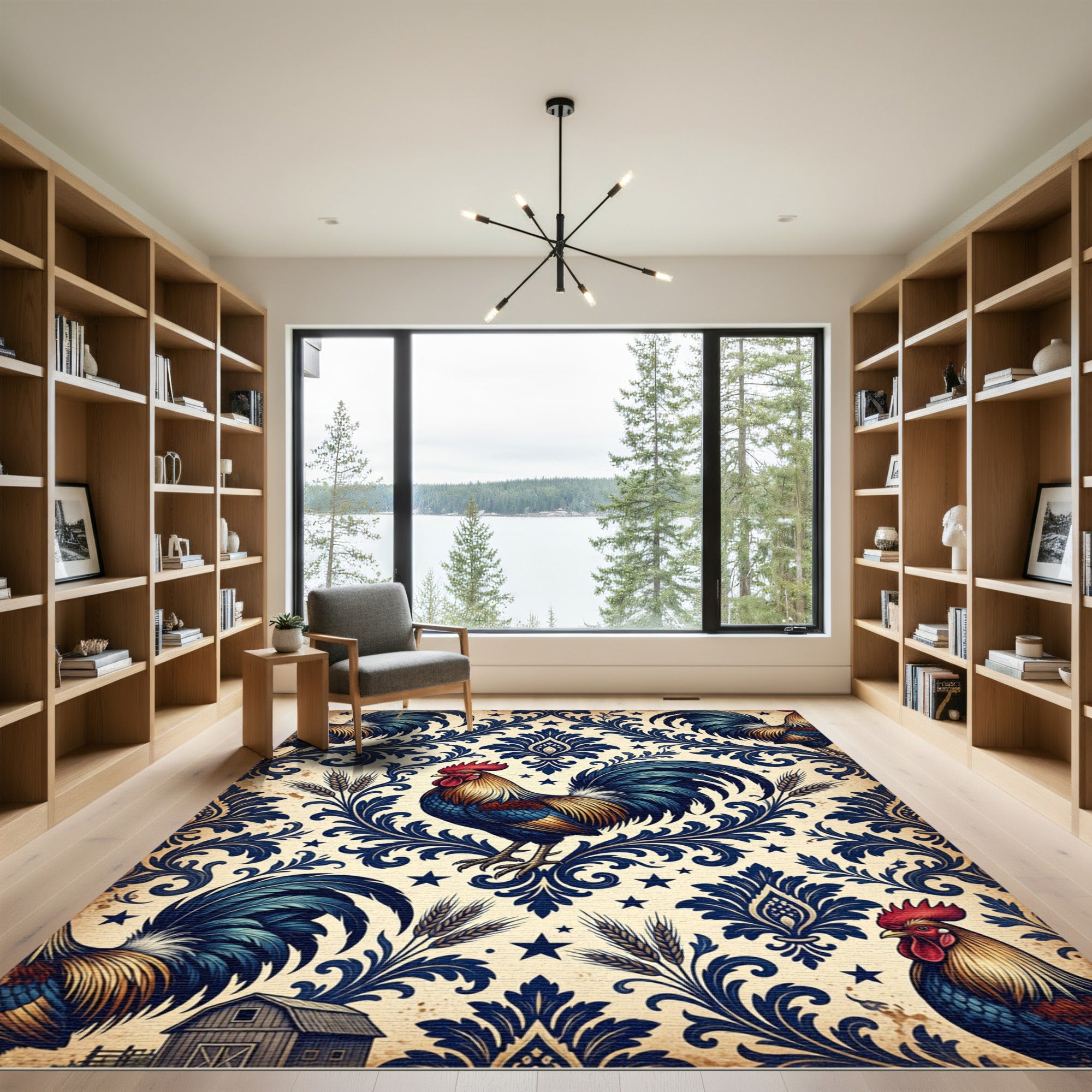 Vintage Blue Rooster Damask Star Wheat Rug