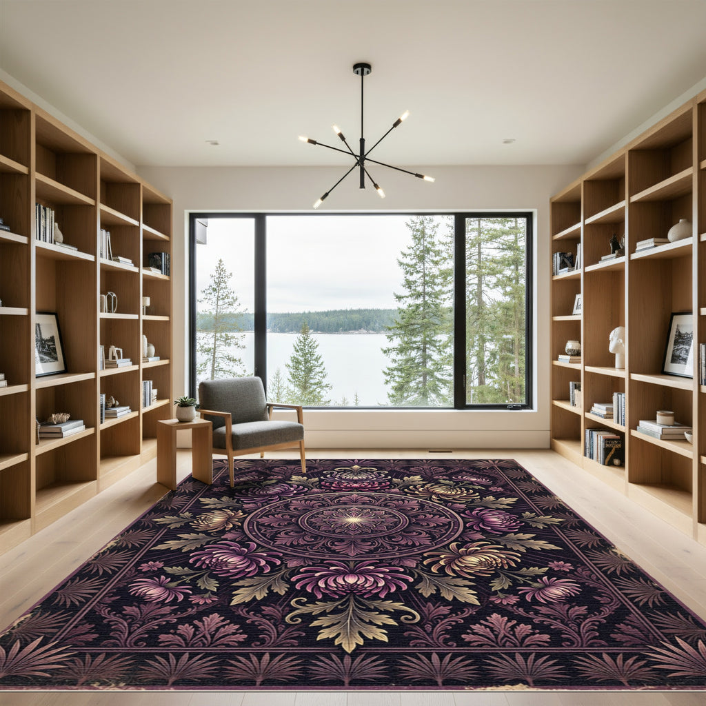 Ornate Plum Chrysanthemum Botanical Medallion Rug