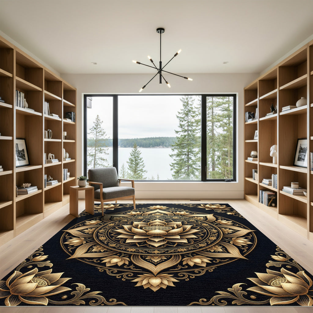 Golden Floral Medallion Mandala Rug
