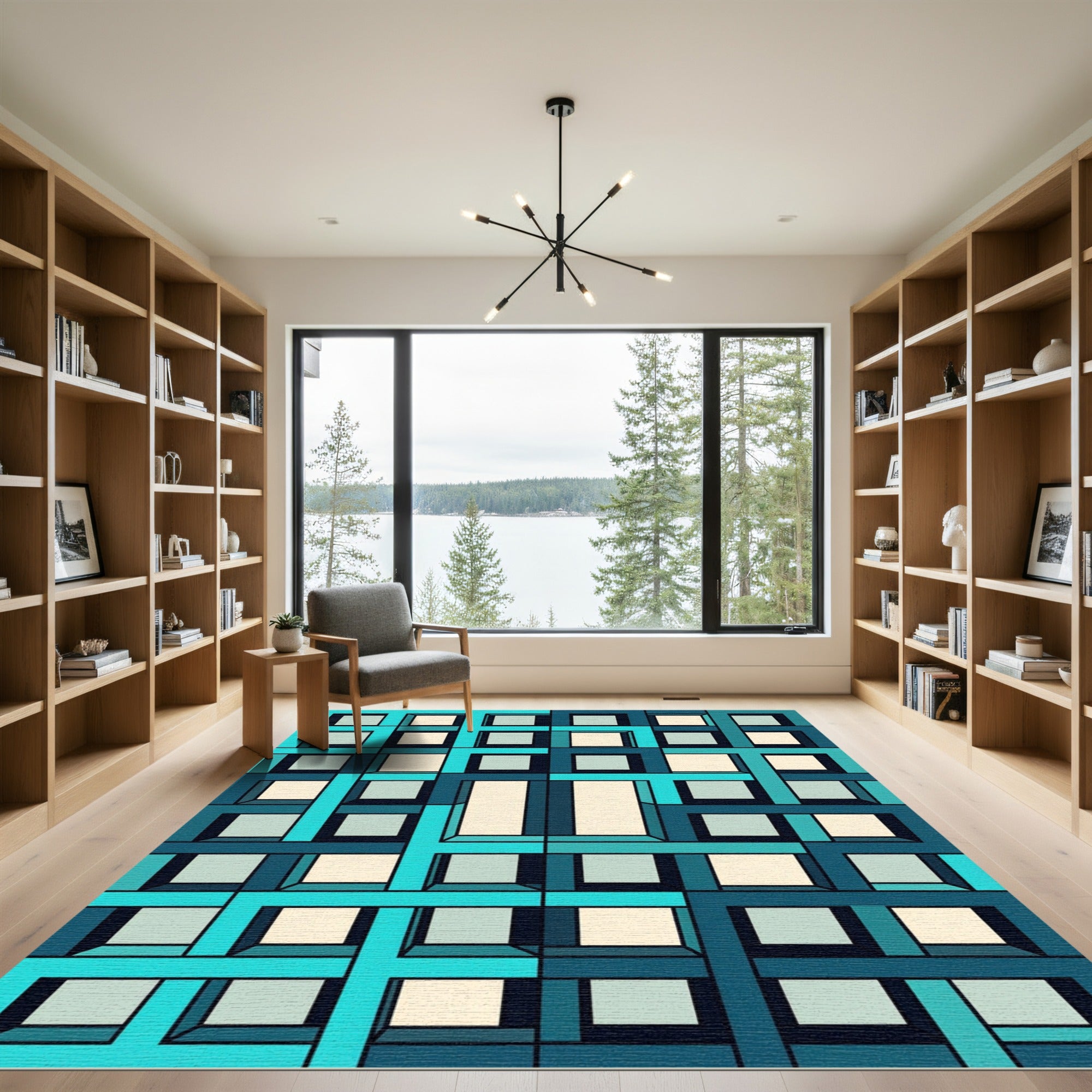Teal Aqua Geometric Cubed Illusion Rug