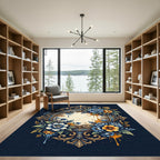 Golden Ornate Blue Yellow Floral Frame Rug