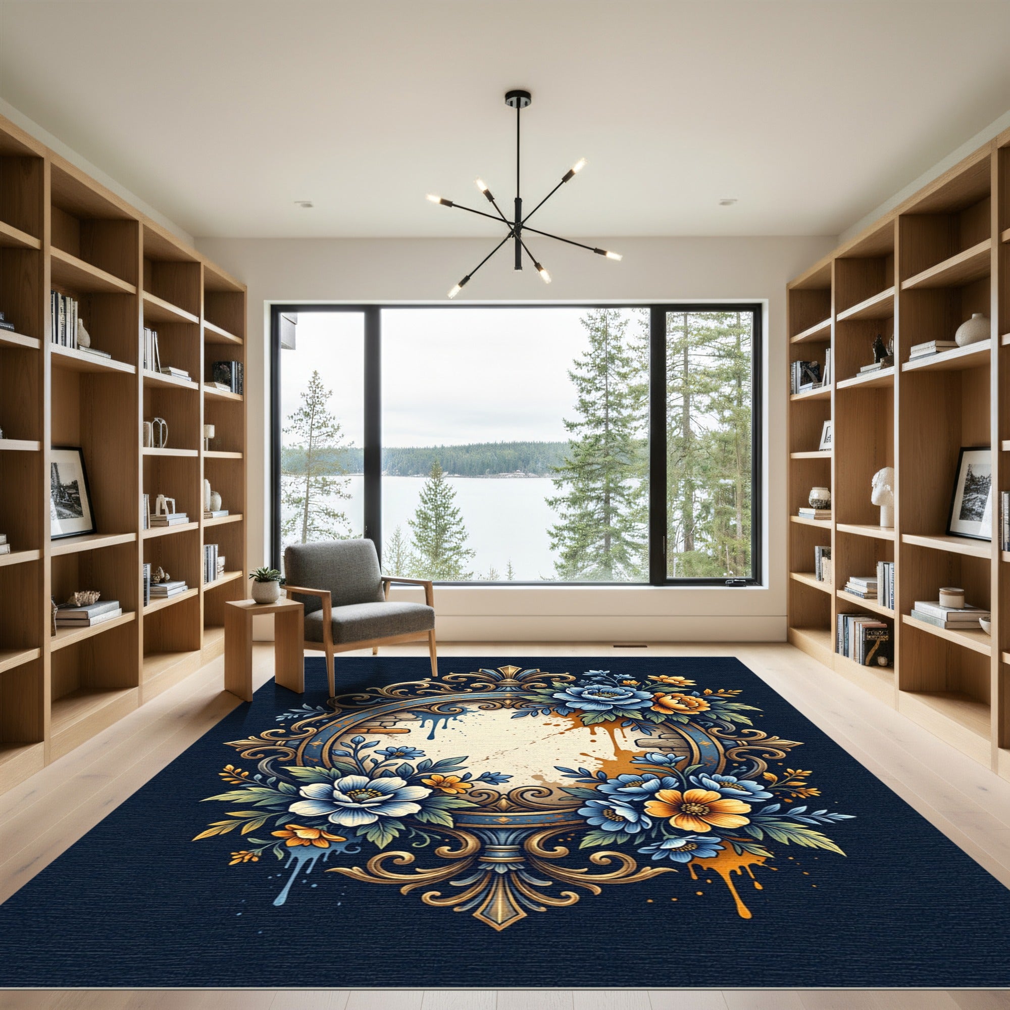 Golden Ornate Blue Yellow Floral Frame Rug
