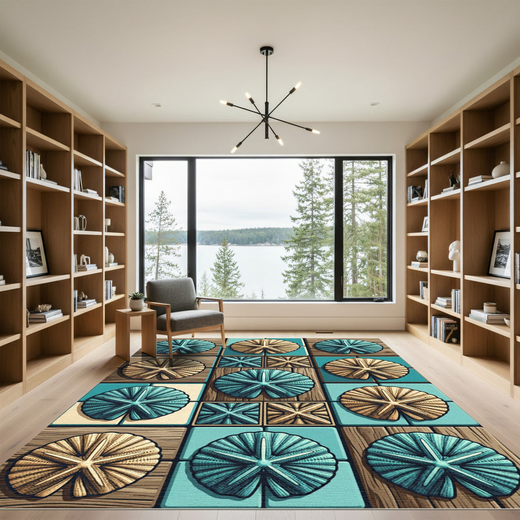 Teal and Golden Sand Dollar Tile Rug