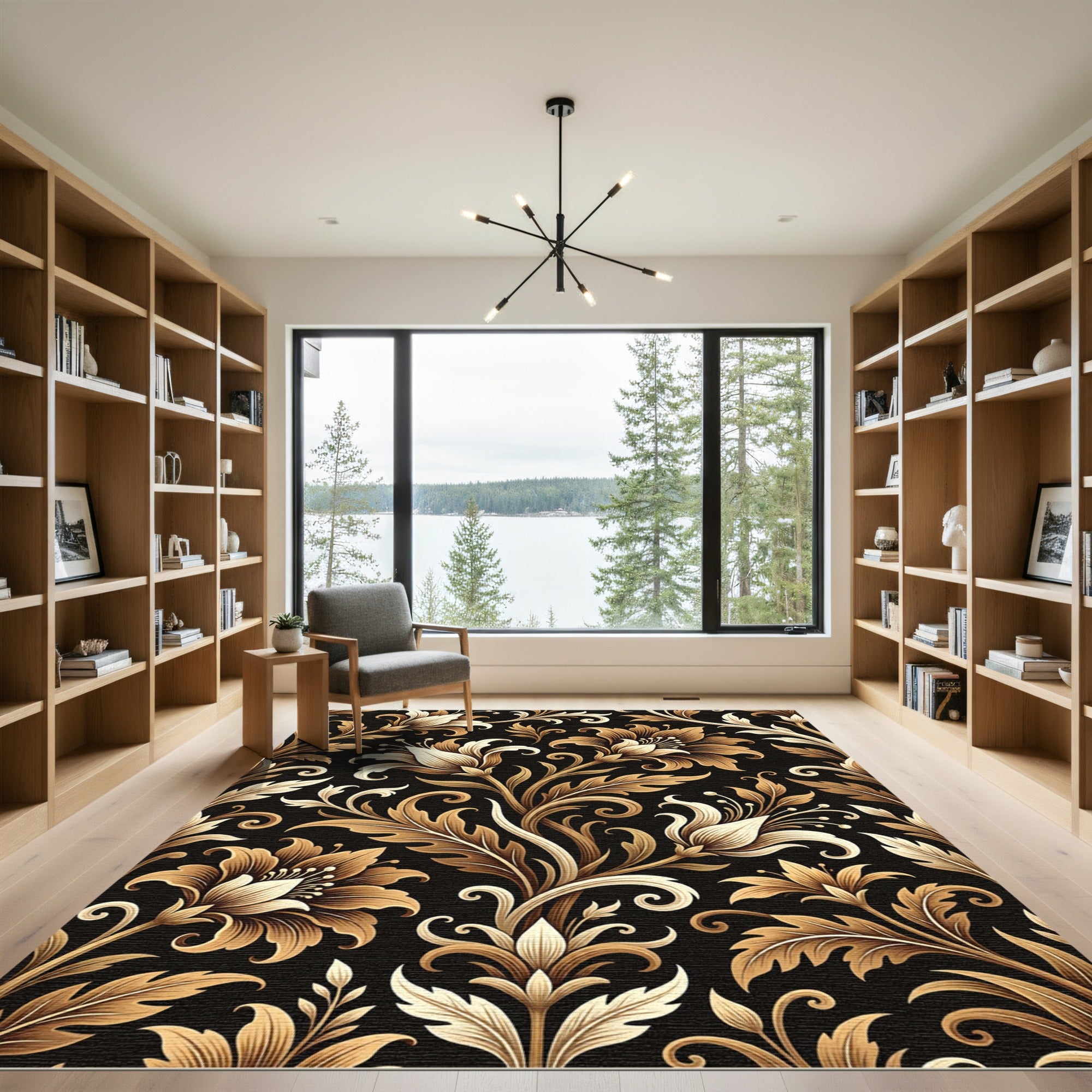 Gilded Baroque Floral Scroll Black Rug