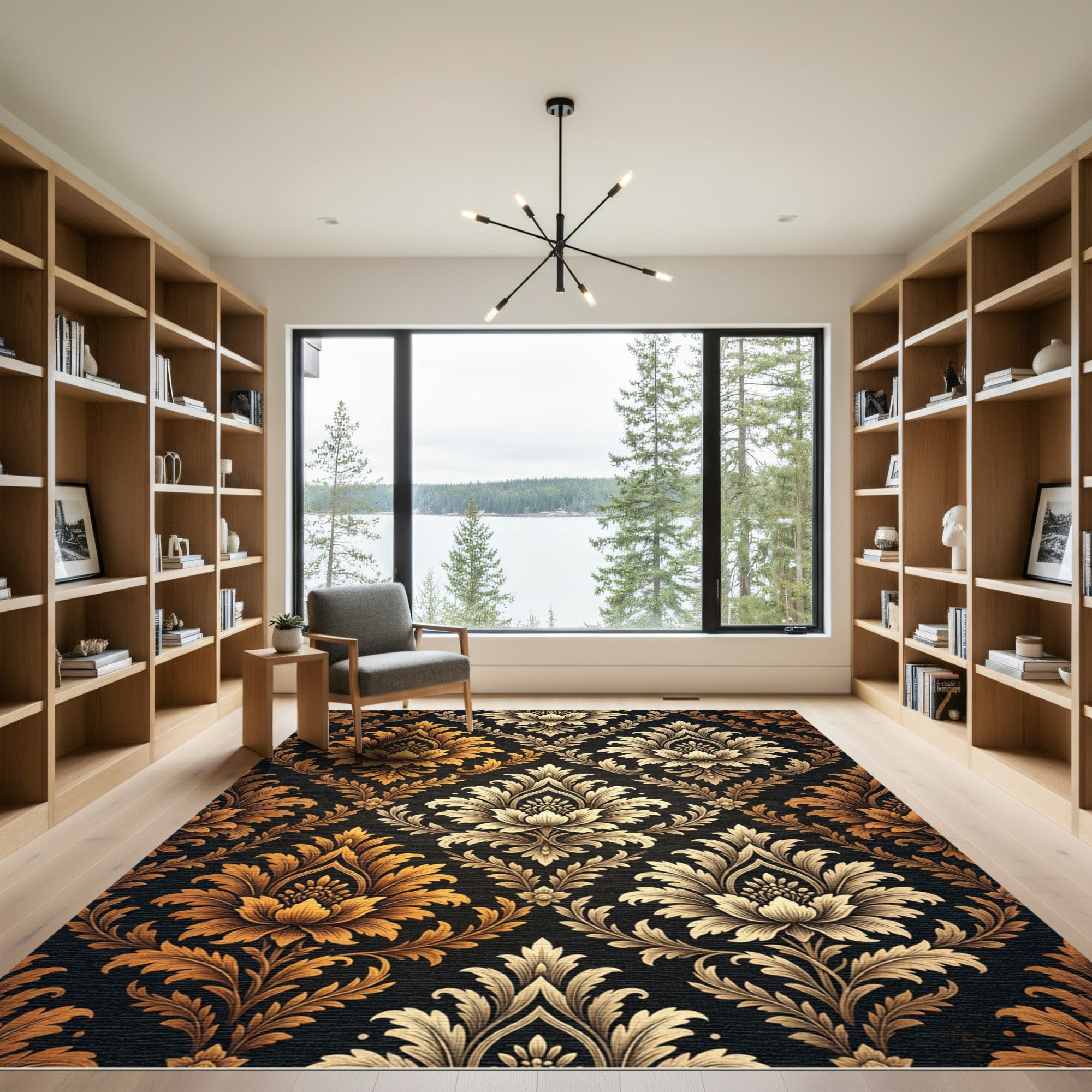 Ornate Golden Floral Damask Rug