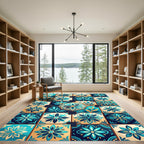 Coastal Teal Floral Medallion Tile Rug