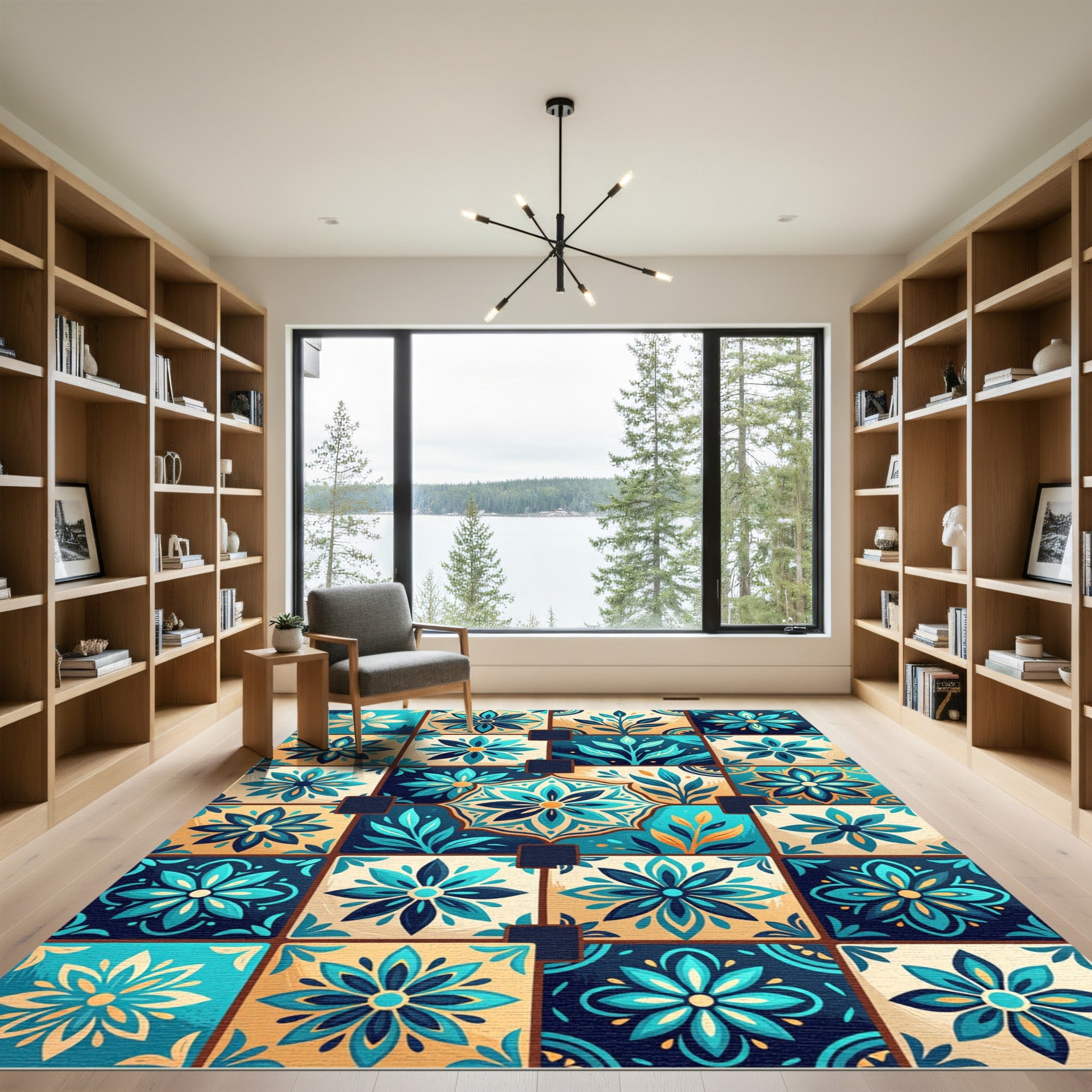Coastal Teal Floral Medallion Tile Rug