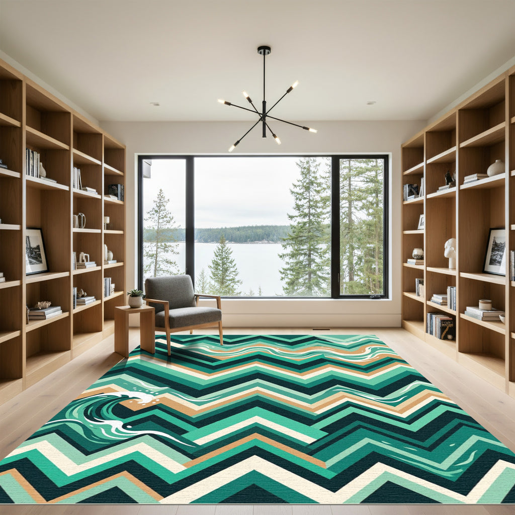 Modern Teal Chevron Abstract Wave Rug