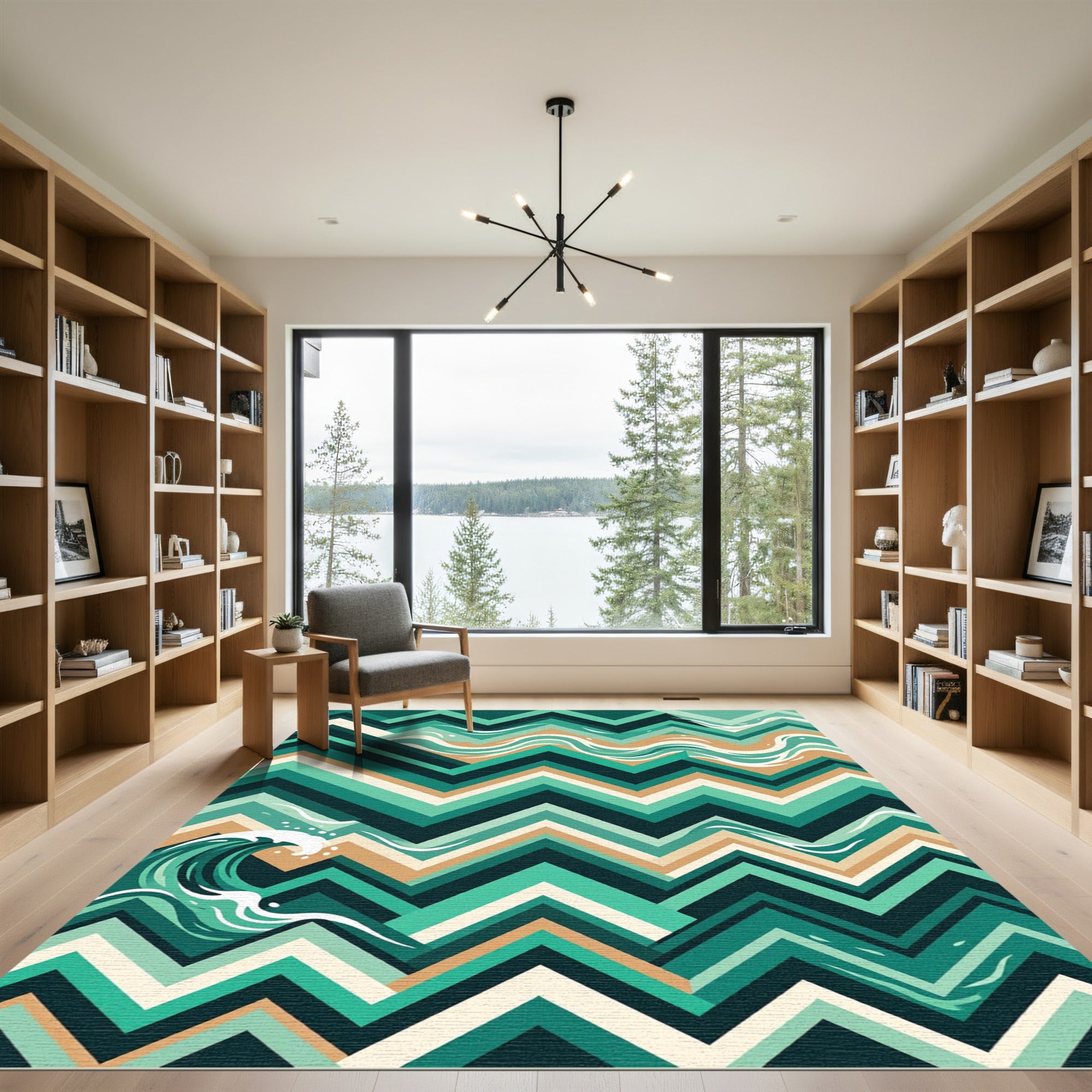 Modern Teal Chevron Abstract Wave Rug