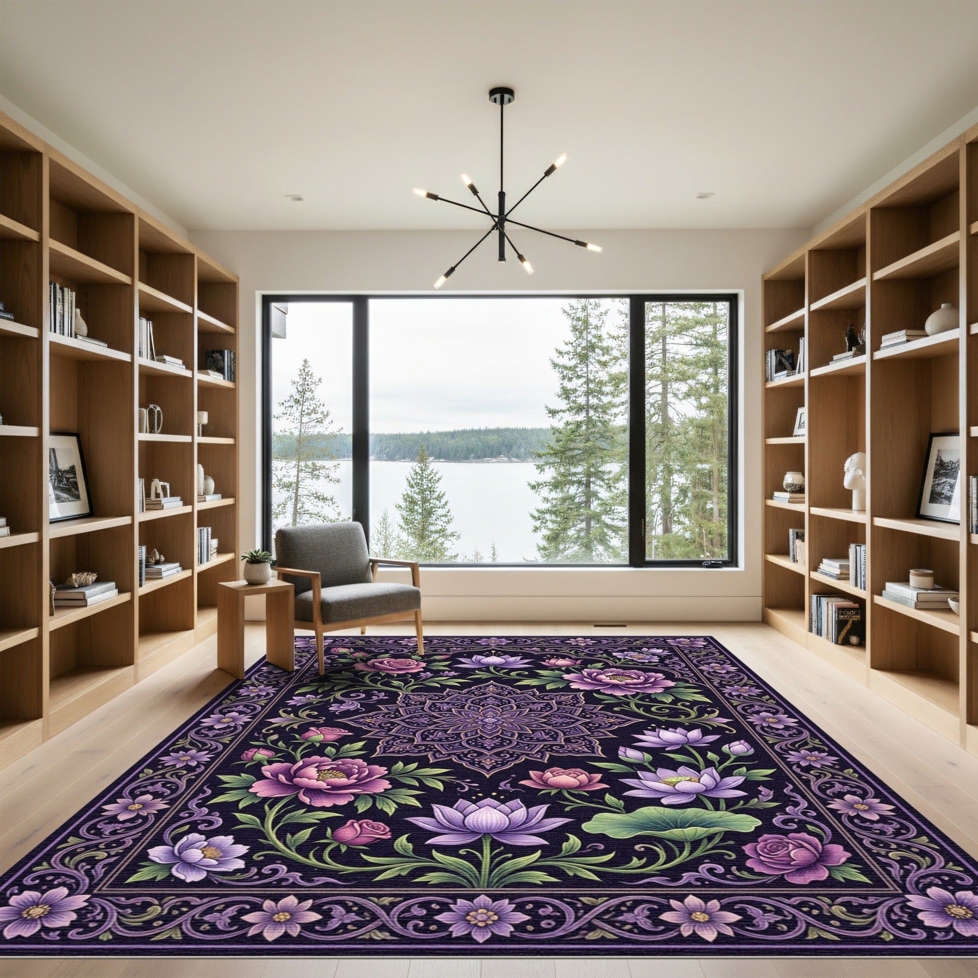 Elegant Purple Floral Lotus Medallion Rug