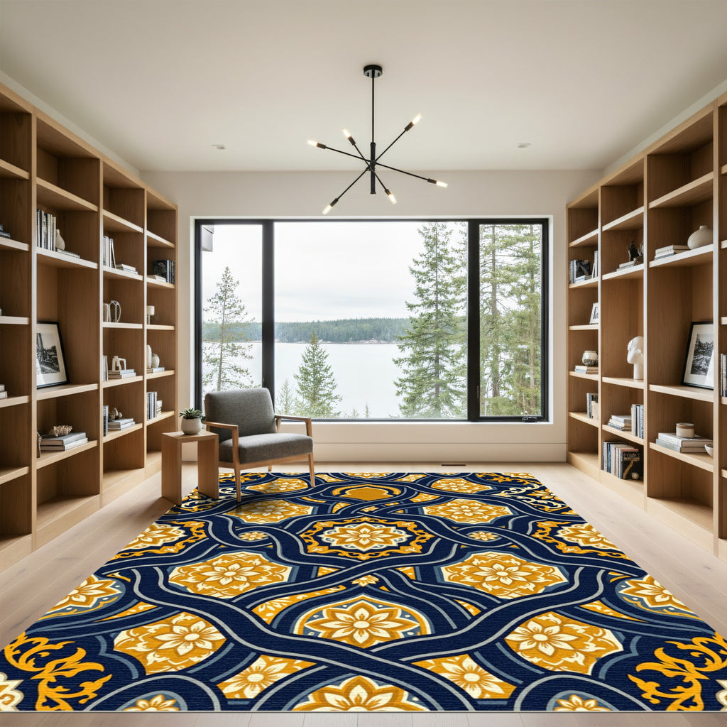 Elegant Navy Gold Floral Intertwining Scroll Rug