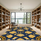 Elegant Navy Gold Floral Intertwining Scroll Rug