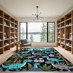 Whimsical Blue Dinosaur Jungle Landscape Rug