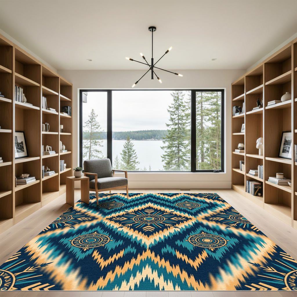Teal and Golden Ikat Medallion Rug