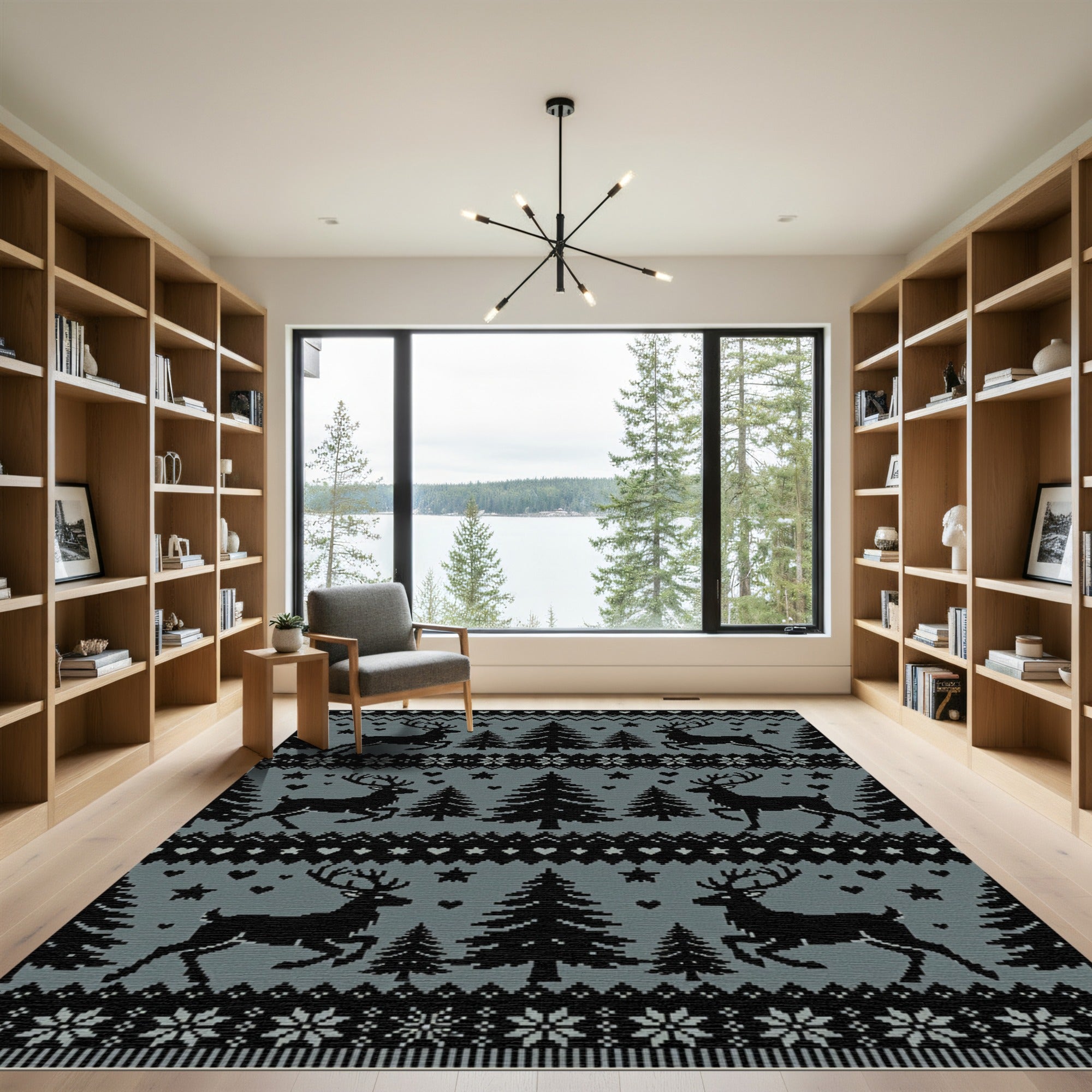 Black Deer Forest Nordic Knit Rug