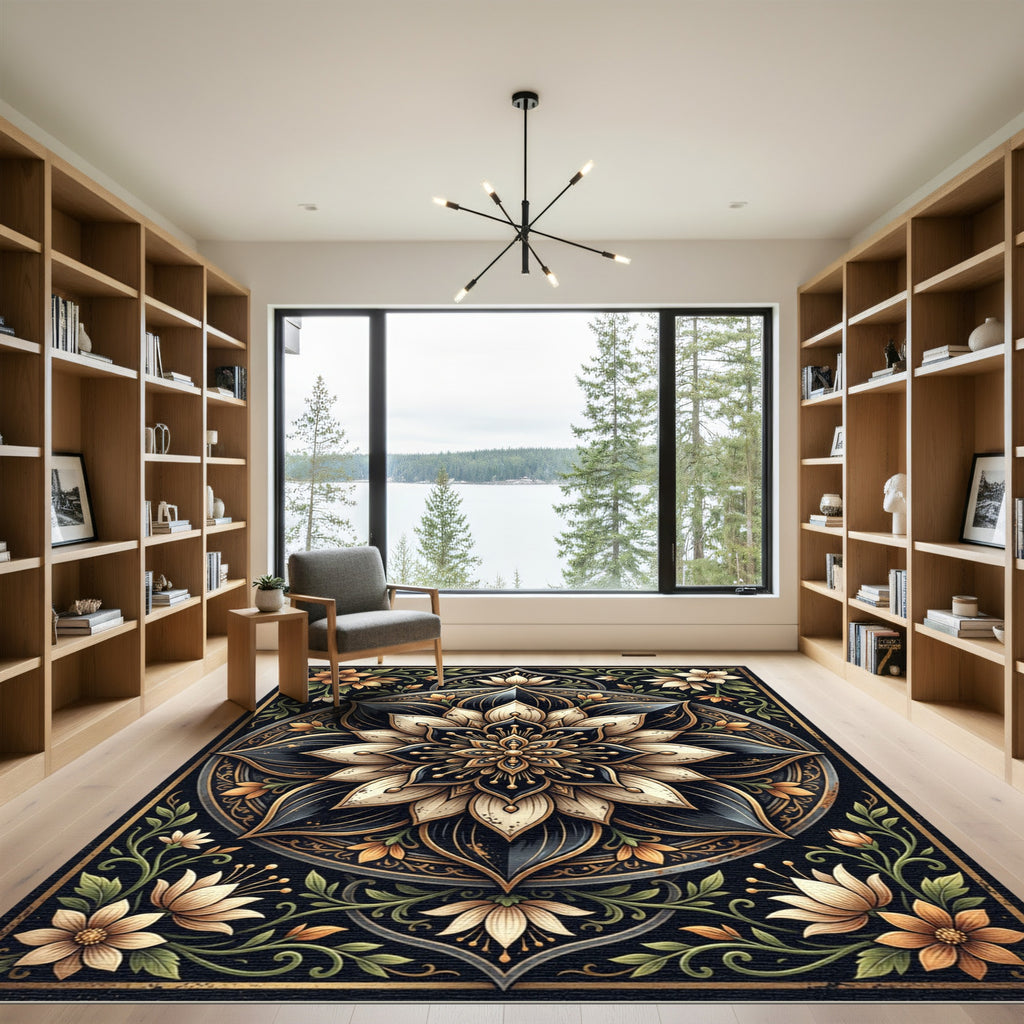 Earthy Black and Gold Floral Mandala Rug
