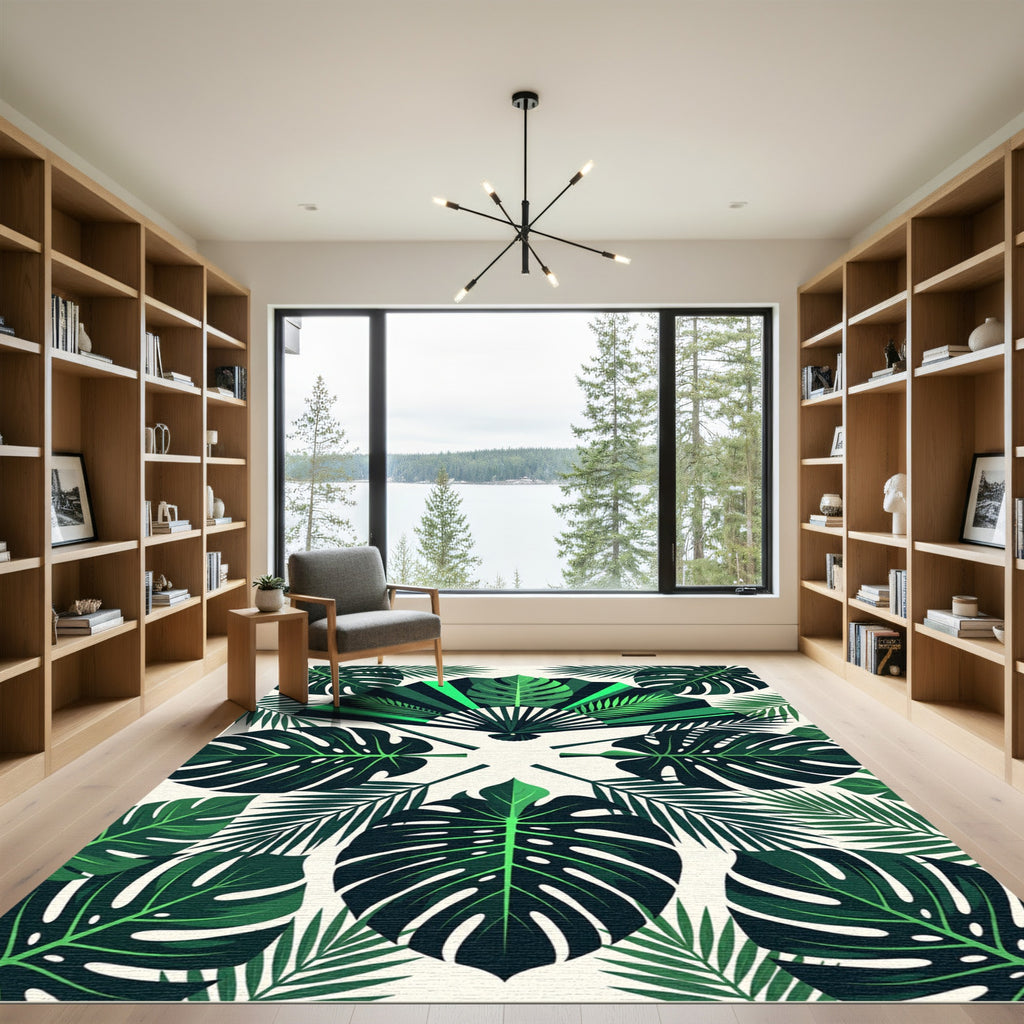 Lush Green Tropical Fan Leaf Rug