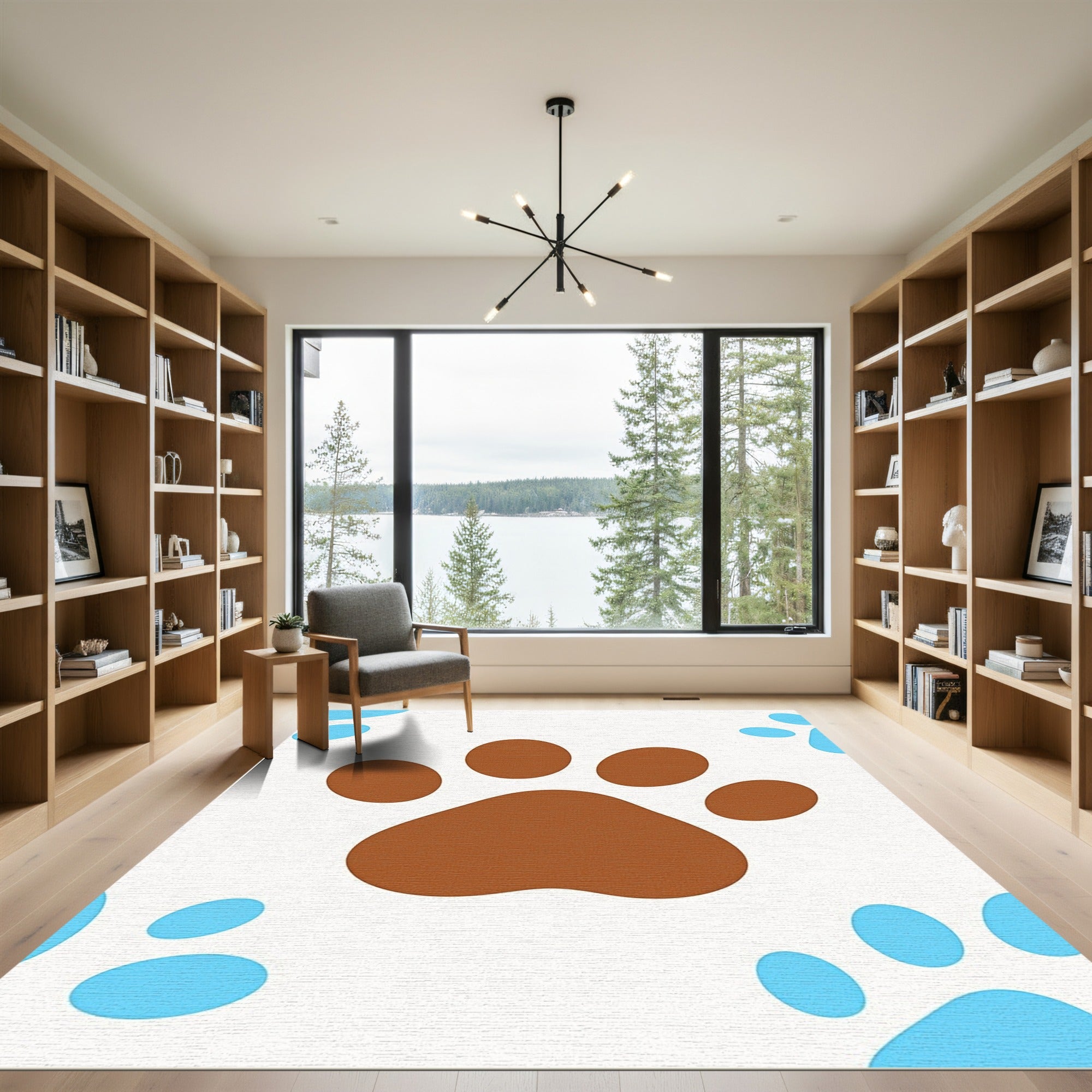 Brown Blue Paw Prints Repeat Rug