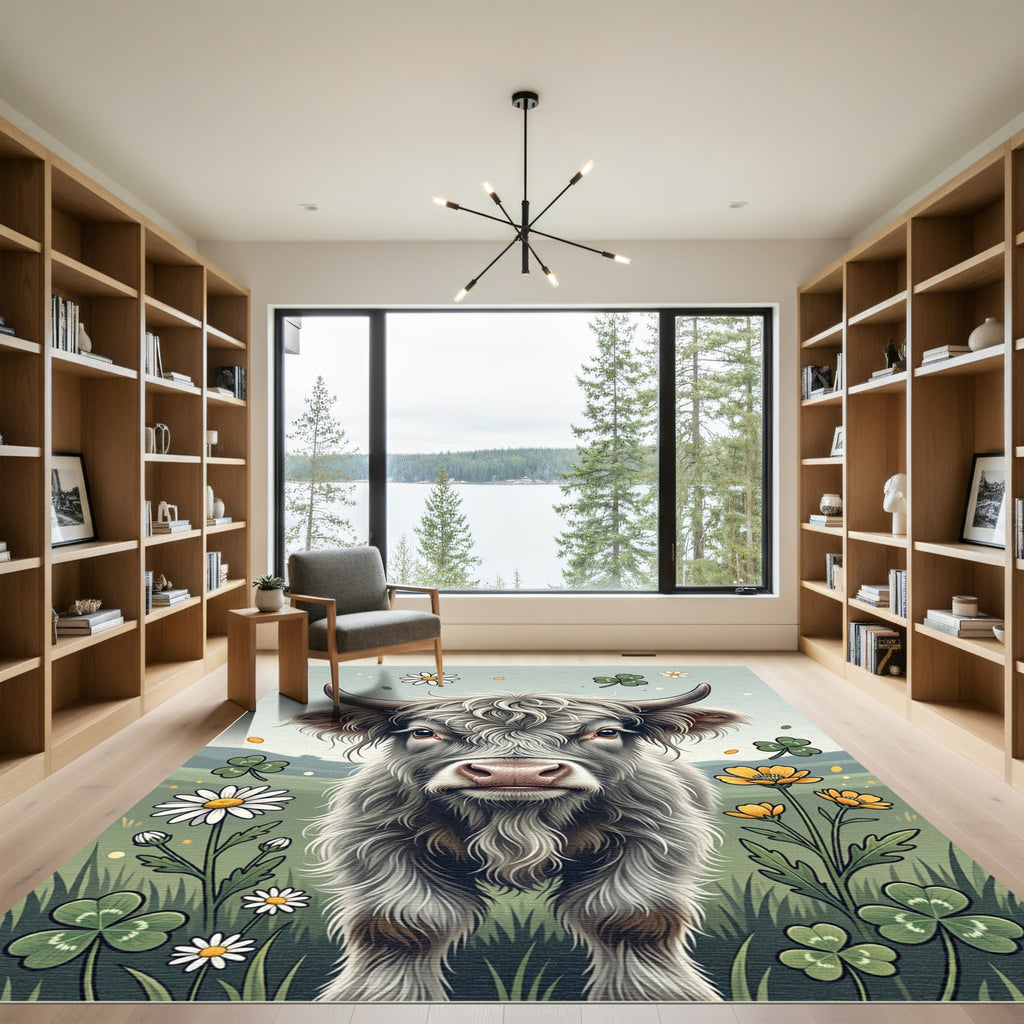 Highland Cow with Daisies and Clovers Rug