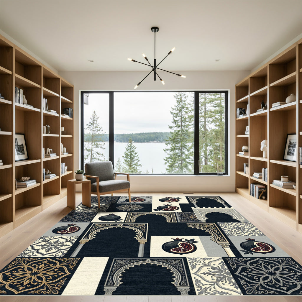 Black Gray Pomegranate Medallion Arch Collage Rug