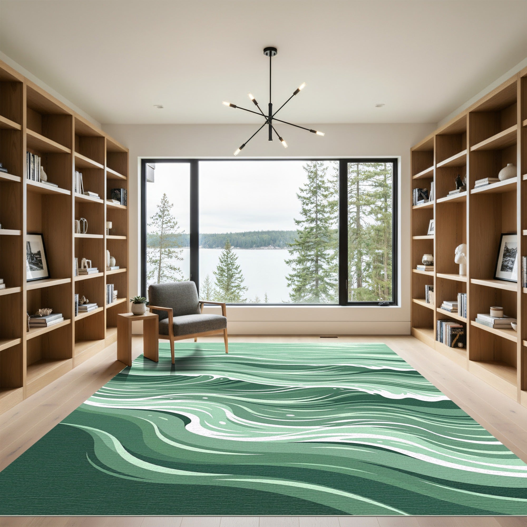 Serene Sage Green Abstract Ocean Waves Rug