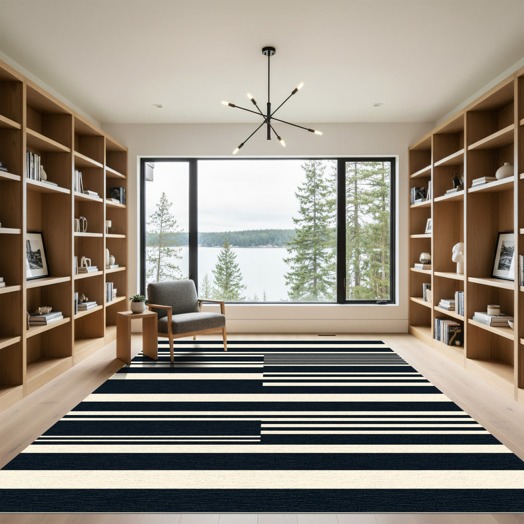 Modern Ivory Black Striped Arrangement Rug