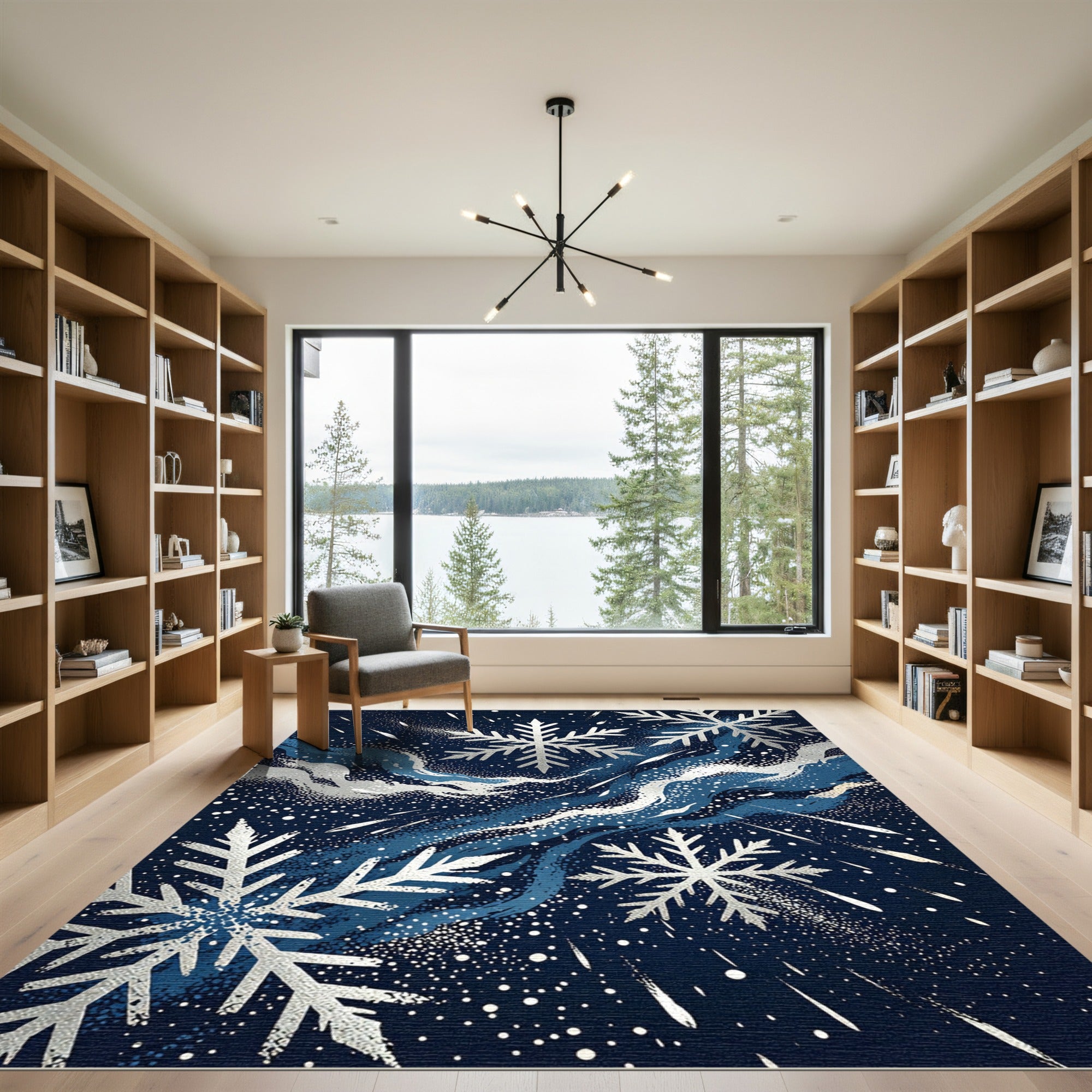 Silver Snowflake Abstract Navy Winter Sky Rug