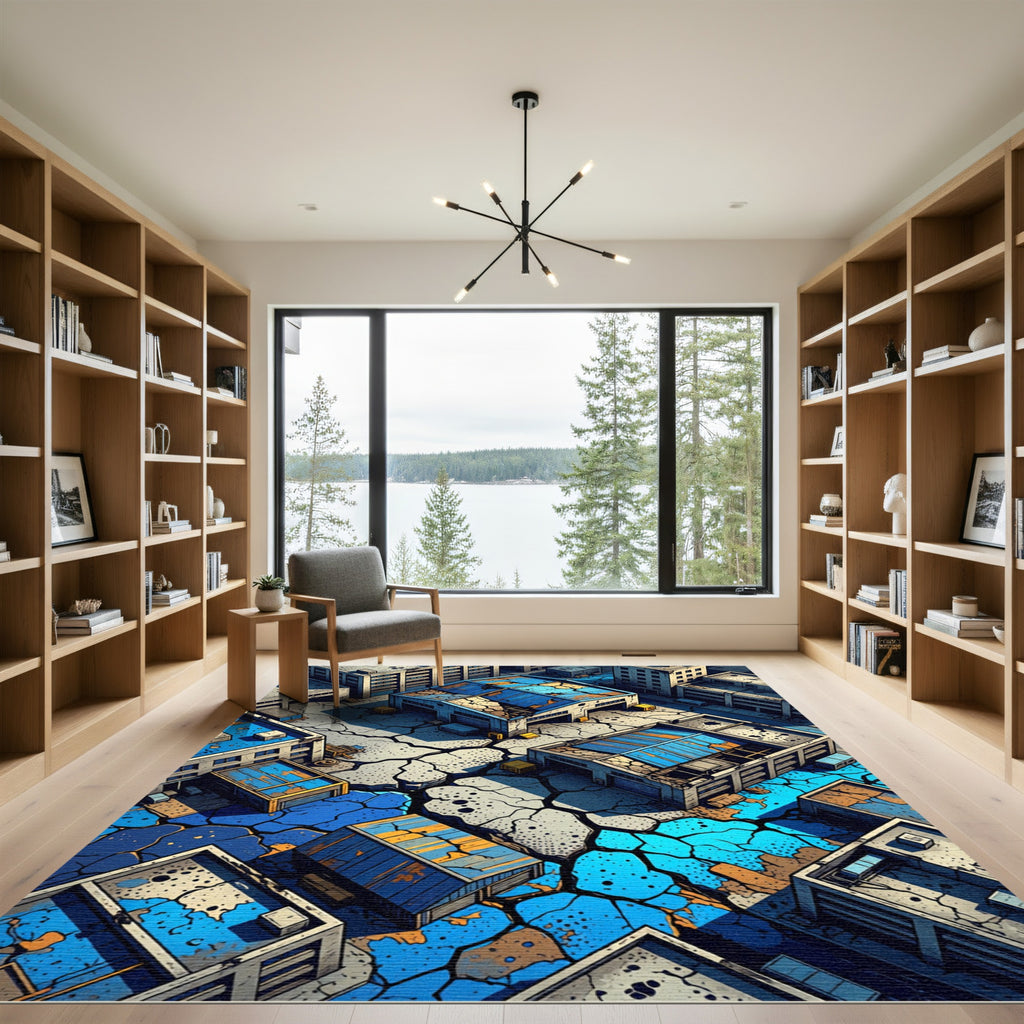 Urban Blue Cracked Industrial Landscape Rug
